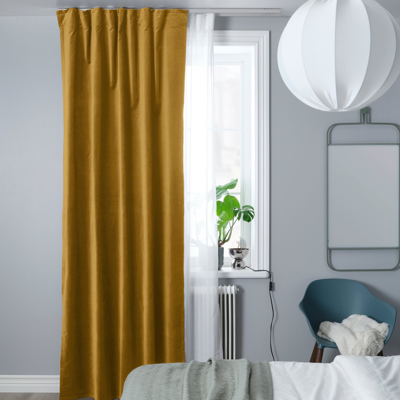 A beige-yellow/with heading tape MAJGULL room darkening curtains, 1 pair